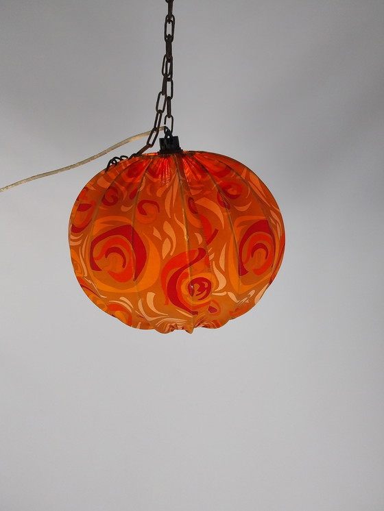 Image 1 of 1 X 1970'S Orange Stoff Pendelleuchte 35Cm Durchmesser