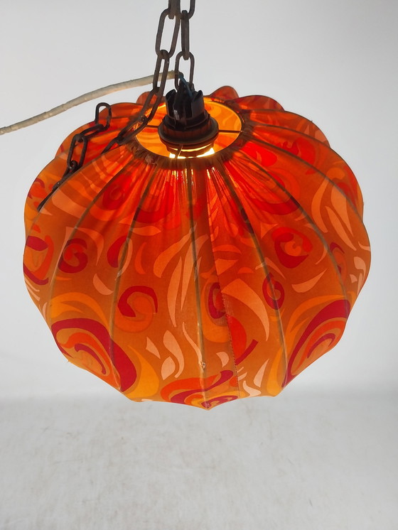 Image 1 of 1 X 1970'S Orange Stoff Pendelleuchte 35Cm Durchmesser