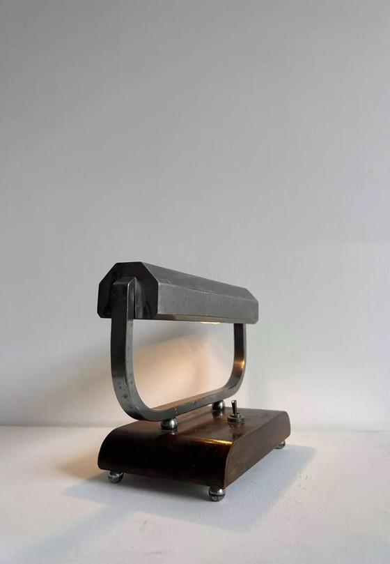 Image 1 of Modernistische Art-Deco-Schreibtischlampe aus verchromtem Metall und Holz, Frankreich 1930