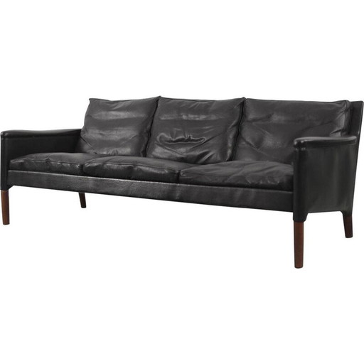 Frühes schwarzes Leder 3-Sitzer Sofa von Kurt Østervig für Centrum Møbler Dänisch 1950s