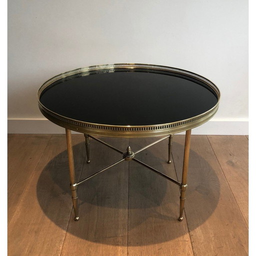 Runder Vintage-Couchtisch aus Messing und schwarz lackiertem Glas für Maison Jansen, Frankreich 1940