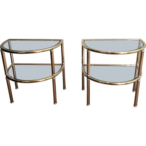 Ein Paar runde Beistelltische aus Messing und Silbermetall, Frankreich 1970
