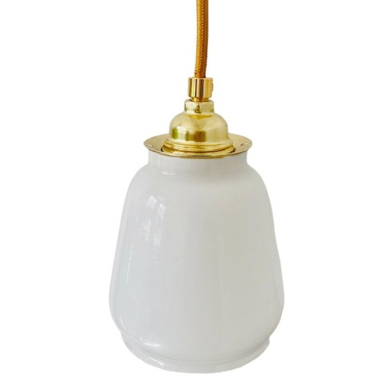 Image 1 of Vintage Hängeleuchte Milchglas hochglänzend gold