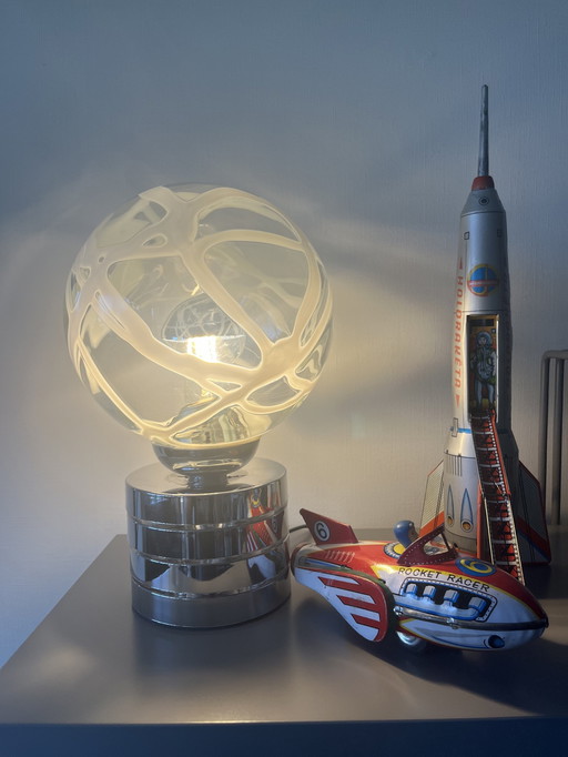 Große Vintage Space Age Tischlampe, Chrom, Glas