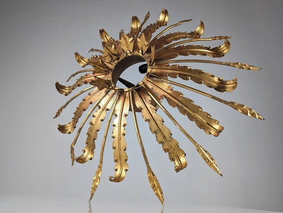 Image 1 of Vintage Blattgold Sonne Lampe 1950S