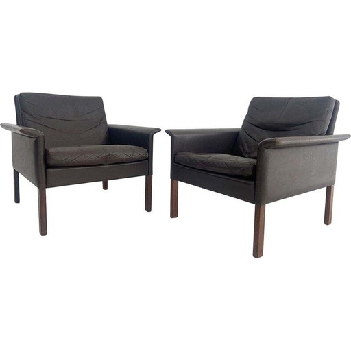 Paar Vintage-Sessel aus Palisanderholz und braunem Leder von Hans Olsen