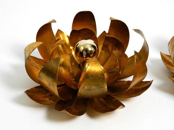 Image 1 of Pair of Beautiful 70'S vergoldeten floralen Wand-oder Deckenleuchte mit großen Blättern in Regency Design