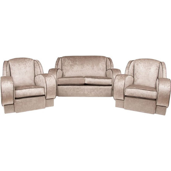 Image 1 of Vintage-Lounge-Set in silbernem Stoff mit 1 Sofa und 2 Sesseln