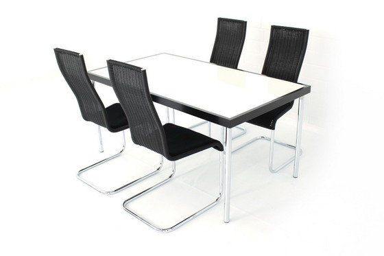 Image 1 of Werner Heidemann Architect's table with white glass top inlaid in oak frame and chrome legs