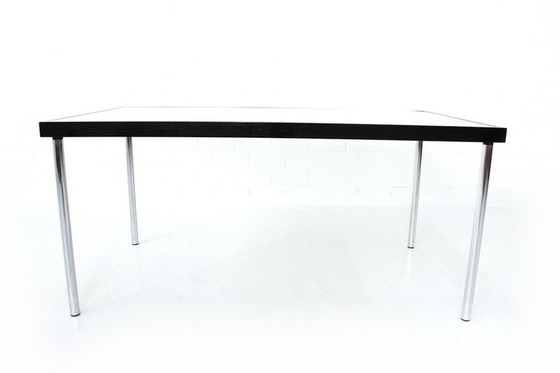 Image 1 of Werner Heidemann Architect's table with white glass top inlaid in oak frame and chrome legs