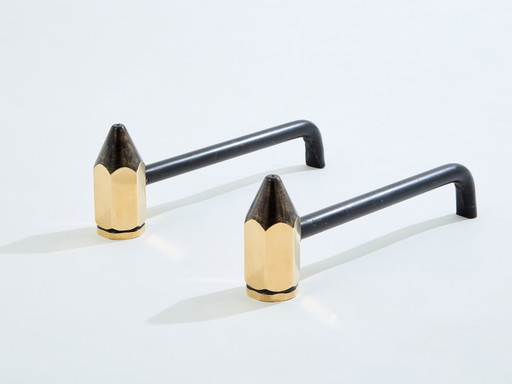 Messing Bleistift Andirons Schmiedeeisen 1960S