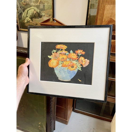 Image 1 of Sommerliches Stillleben mit Ringelblumen und schwarzem Rahmen