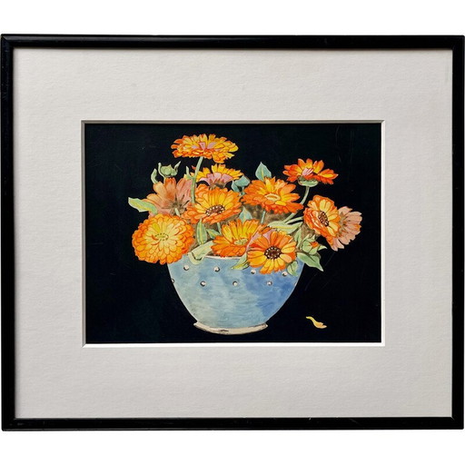 Sommerliches Stillleben mit Ringelblumen und schwarzem Rahmen