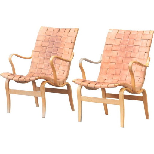 Paar Vintage-Sessel aus Buchenholz und braunem Leder von Bruno Mathsson für Karl Mathsson, Schweden 1970