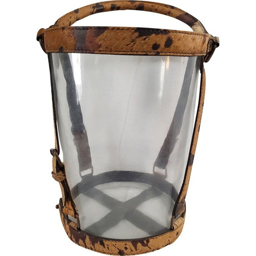 Champagnerkübel aus Glas, Leder und Messing von Poulain Piqué Sellier, 1930