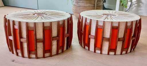 2X Vintage Lampenschirm aus Jute und Teakholz mit orangefarbenen Akzenten
