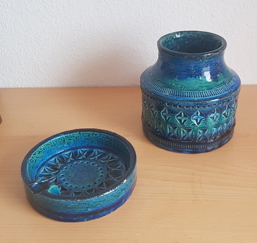 2X Rimini Blaue Vase und Aschenbecher von Bitossi, 1960er