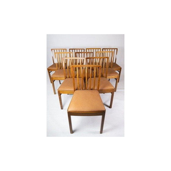 Image 1 of Satz von 10 Vintage-Stühle in hellem Holz und gepolstert in Cognac Leder 1940s