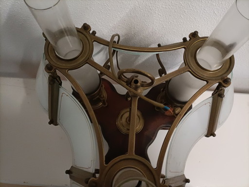 Vintage Dreieckige Holzrohr Lampe mit Bronze Rahmen