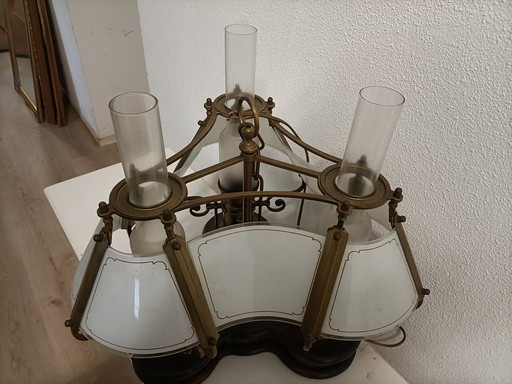 Vintage Dreieckige Holzrohr Lampe mit Bronze Rahmen
