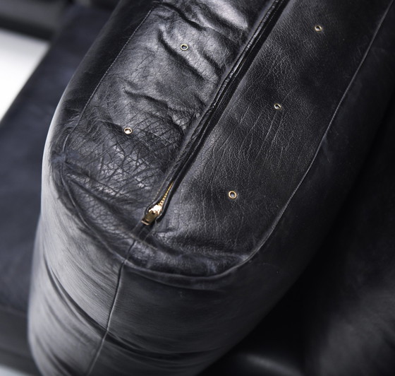 Image 1 of Seltenes 'Super C' Modulares Sofa in original schwarzem Leder von Willy Rizzo. Signiert!