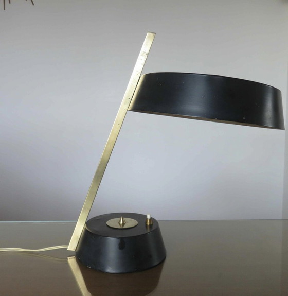 Image 1 of Lampe "Soucoupe" Aus Messing Und Schwarz Lackiertem Metall