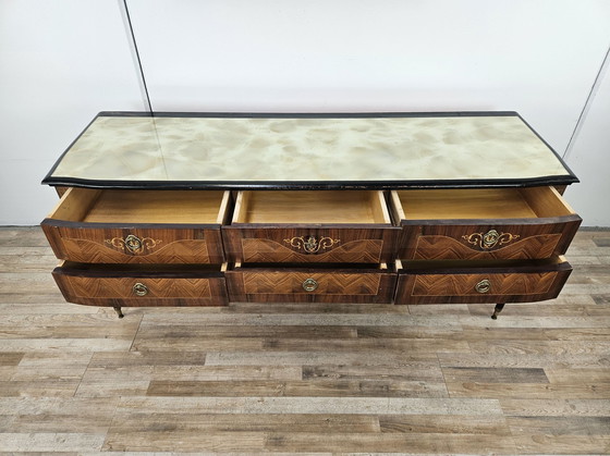 Image 1 of 1960S Schlafzimmer Kommode mit sechs Schubladen und Glasplatte