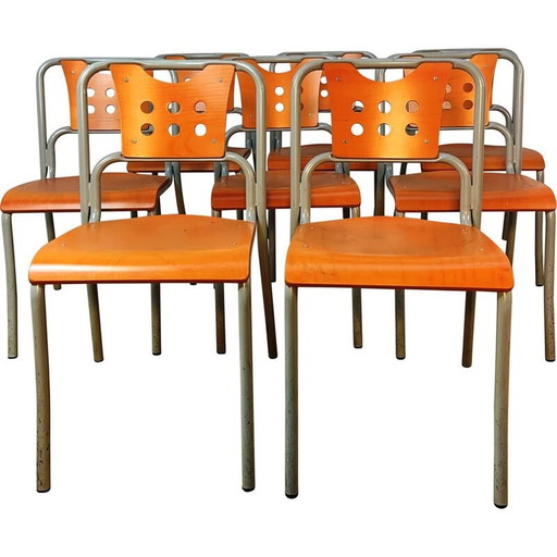 Vintage-Community-Stuhl aus grau getöntem Metall und Holz