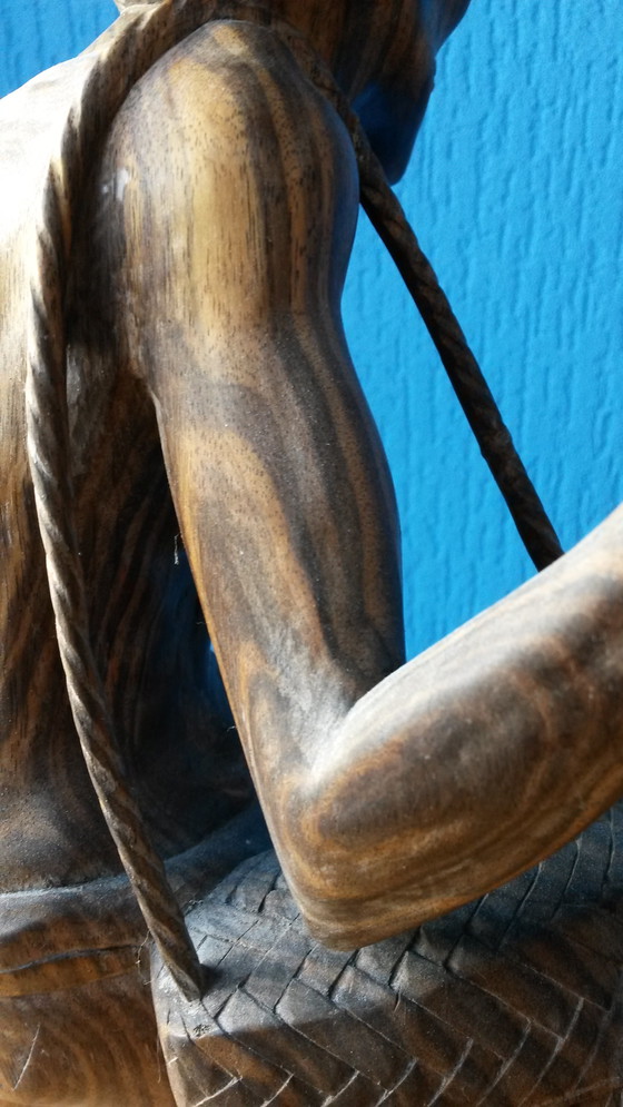 Image 1 of Holzstatue eines Fischers mit Enten, 84 cm hoch