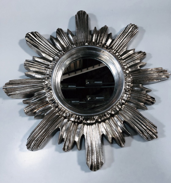 Image 1 of Wand-Sonnenspiegel - Großes Modell - Holz geschnitzt - Silber - 1960-70