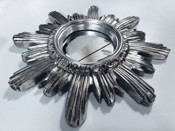 Image 1 of Wand-Sonnenspiegel - Großes Modell - Holz geschnitzt - Silber - 1960-70