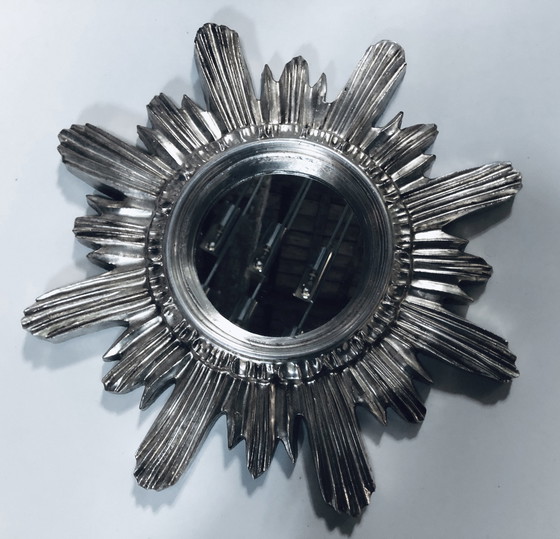 Image 1 of Wand-Sonnenspiegel - Großes Modell - Holz geschnitzt - Silber - 1960-70