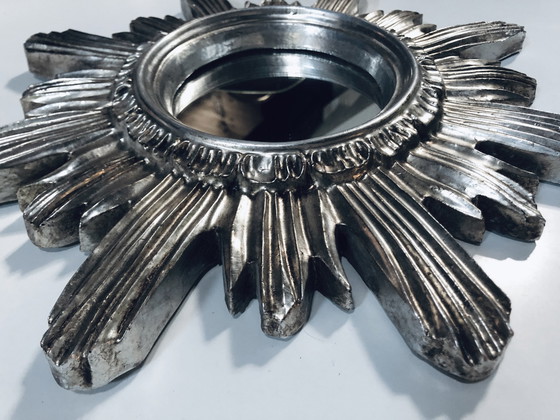 Image 1 of Wand-Sonnenspiegel - Großes Modell - Holz geschnitzt - Silber - 1960-70