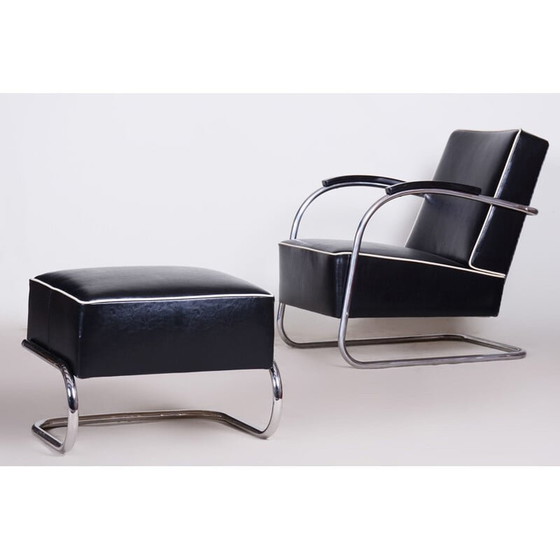 Image 1 of Vintage Sessel mit schwarzer Ottomane von Mucke Melder, Tschechoslowakei 1930