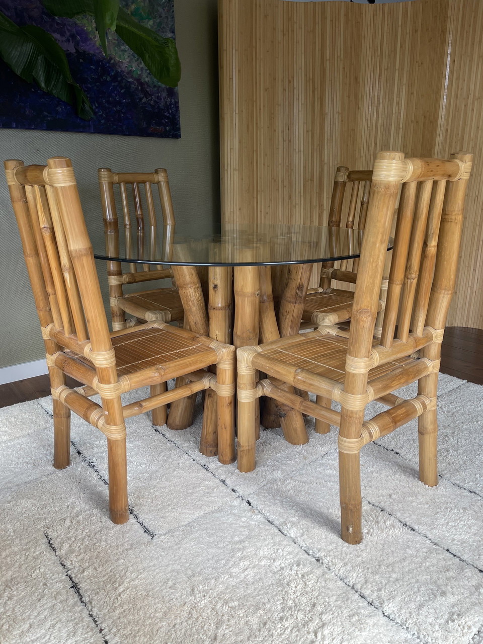Vintage Boho Bamboo Dining Set Esstisch mit 4 Stuhlen