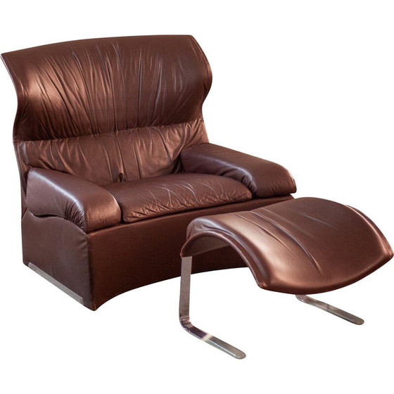 Image 1 of Vintage-Sessel mit braunem Leder-Ottoman von Giovanni Offredi für Saporiti, Italien 1970
