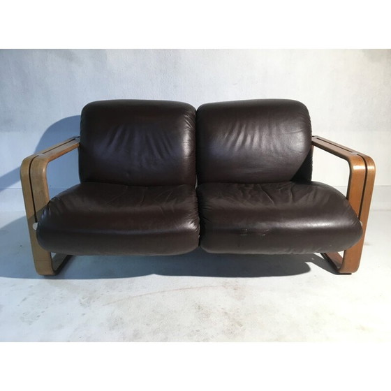 Image 1 of Giroflex-Sofa aus braunem Leder und Holz - 1970er Jahre