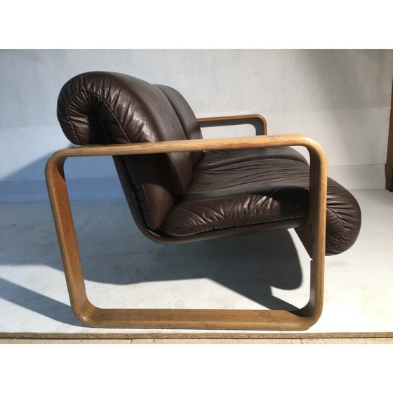 Image 1 of Giroflex-Sofa aus braunem Leder und Holz - 1970er Jahre