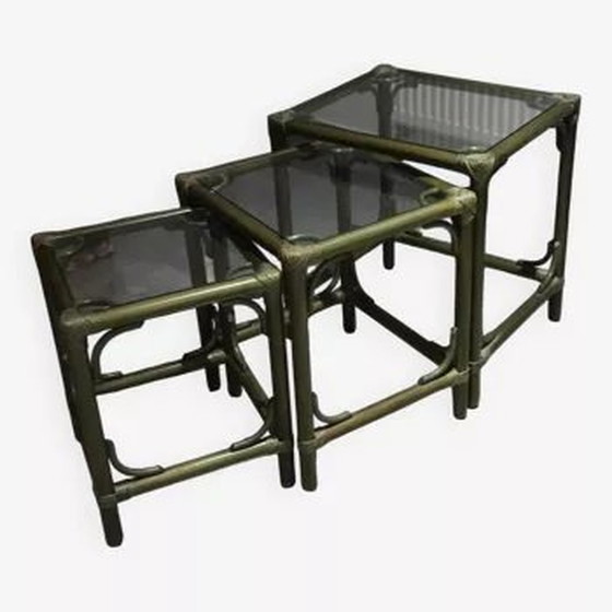 Image 1 of Set Von 3 Gigognischen Tischen (Rattan Und Bambus) Vintage, Dlg De Maugrion