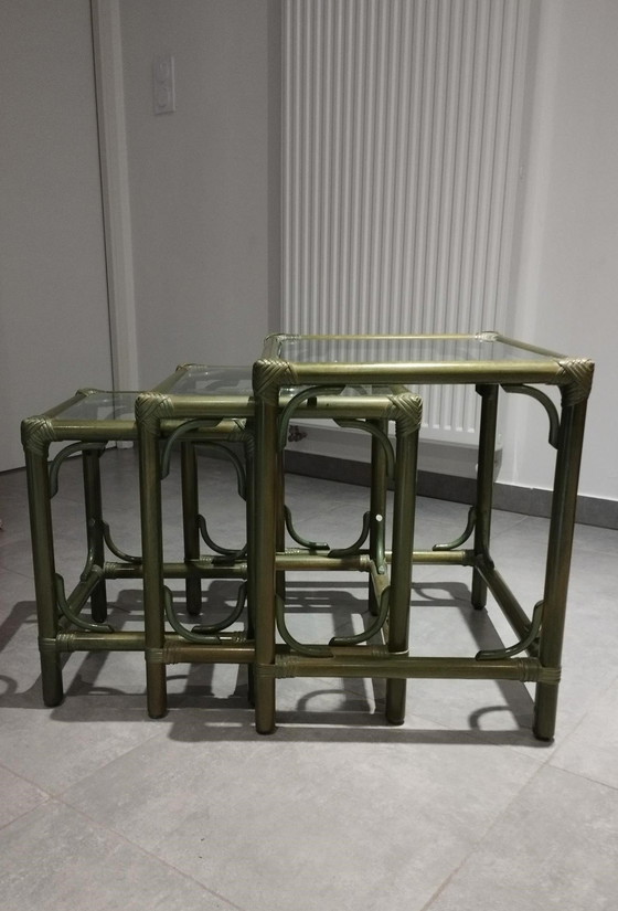 Image 1 of Set Von 3 Gigognischen Tischen (Rattan Und Bambus) Vintage, Dlg De Maugrion
