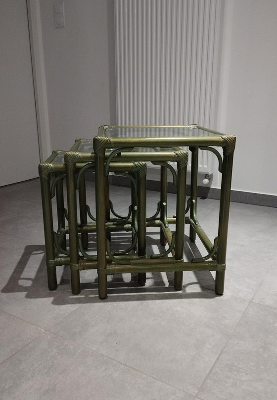 Image 1 of Set Von 3 Gigognischen Tischen (Rattan Und Bambus) Vintage, Dlg De Maugrion
