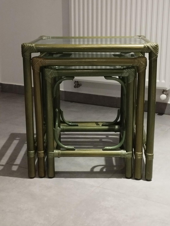 Image 1 of Set Von 3 Gigognischen Tischen (Rattan Und Bambus) Vintage, Dlg De Maugrion