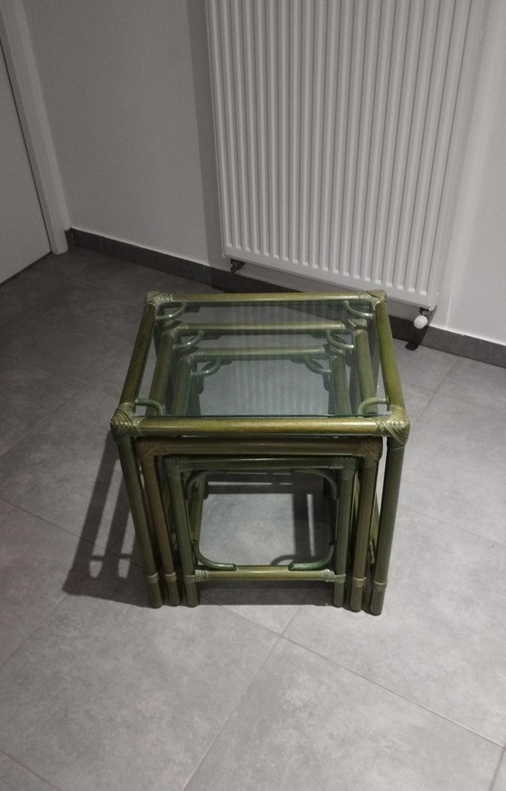 Image 1 of Set Von 3 Gigognischen Tischen (Rattan Und Bambus) Vintage, Dlg De Maugrion