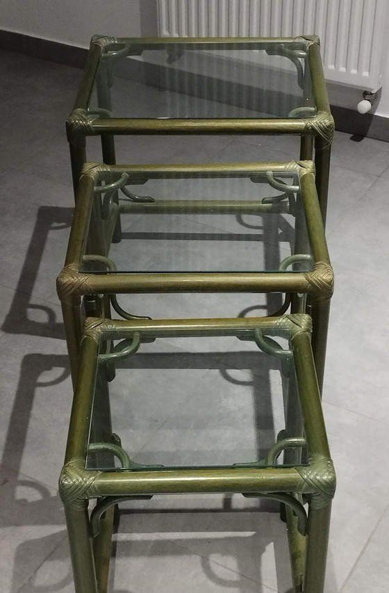 Image 1 of Set Von 3 Gigognischen Tischen (Rattan Und Bambus) Vintage, Dlg De Maugrion