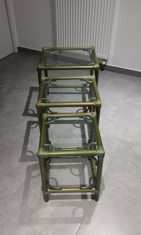 Image 1 of Set Von 3 Gigognischen Tischen (Rattan Und Bambus) Vintage, Dlg De Maugrion