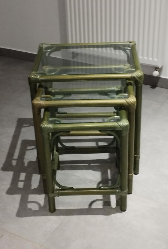 Image 1 of Set Von 3 Gigognischen Tischen (Rattan Und Bambus) Vintage, Dlg De Maugrion