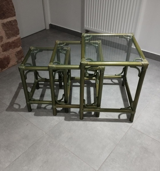 Image 1 of Set Von 3 Gigognischen Tischen (Rattan Und Bambus) Vintage, Dlg De Maugrion