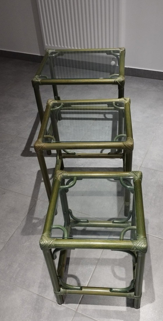 Image 1 of Set Von 3 Gigognischen Tischen (Rattan Und Bambus) Vintage, Dlg De Maugrion