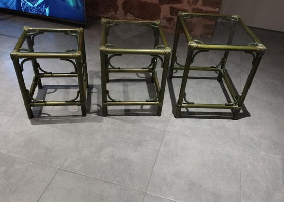 Image 1 of Set Von 3 Gigognischen Tischen (Rattan Und Bambus) Vintage, Dlg De Maugrion
