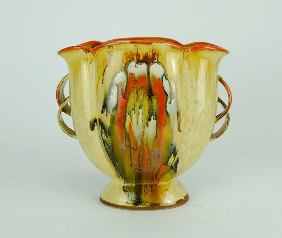 Image 1 of Wunderschöne Art-Déco-Vase aus den 1930er Jahren aus Keramik von Dumler Breiden mit Tropfglasur und Doppelgriff